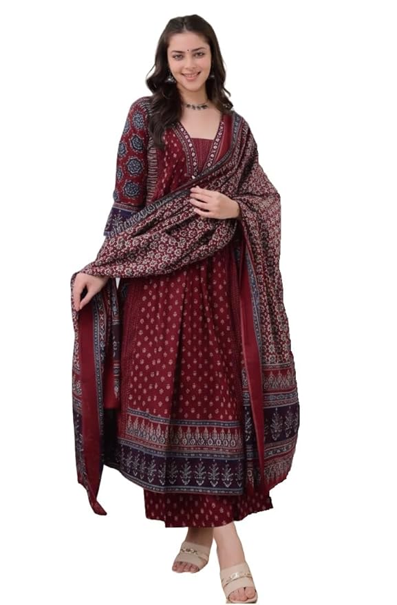 KLOSIA Women's Rayon Printed Anarkali Kurta and Pant with Dupatta Set - Image 5