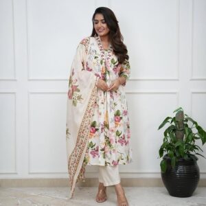 TANISHA Women Cotton Kurta Set with Palazzo Pants & Dupatta | Printed Ethnic Wear Anarkali Suit Set