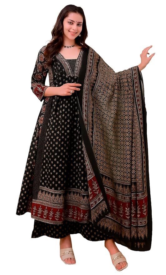KLOSIA Women's Rayon Printed Anarkali Kurta and Pant with Dupatta Set - Image 4